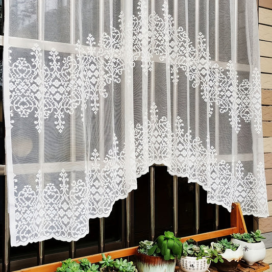 White lace cafe style curtains with geometric wavy pattern; suitable for living room, bedroom, kitchen, and home decor; comes in a set of 1 piece.