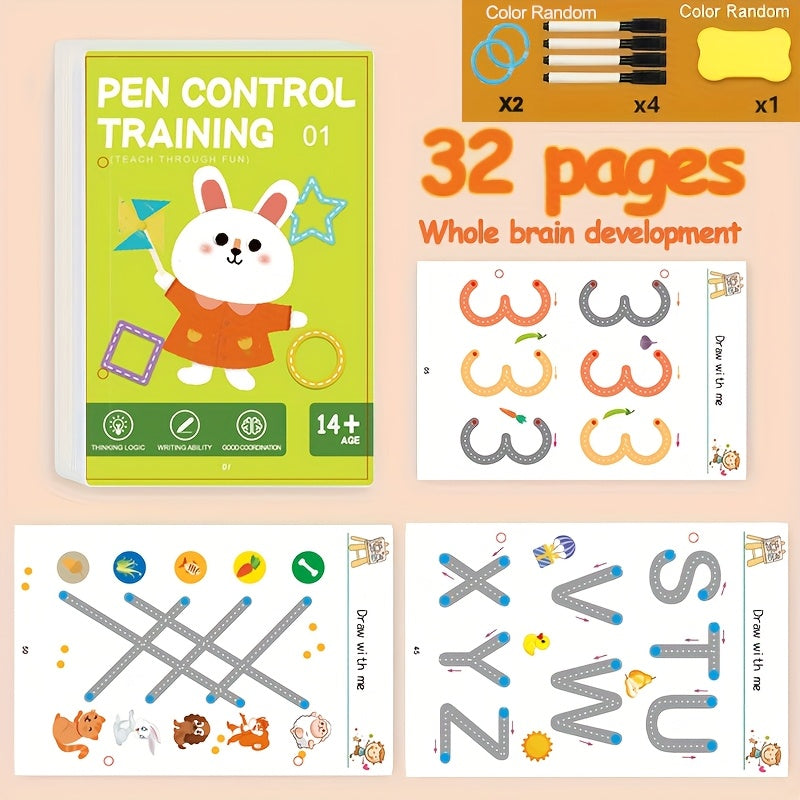 Workbook for pen control training, brain development, mazes, and drawing for early learning and writing skills.