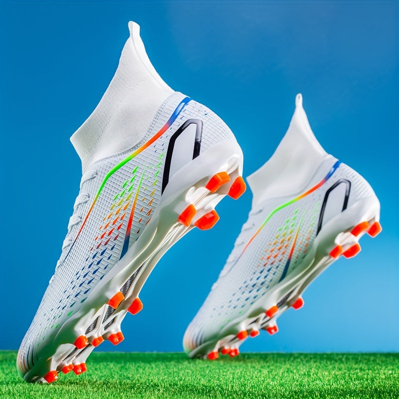 Durable turquoise and orange football cleats with TPU studs for superior grip, breathable lining, and EVA cushioning. Perfect for boys and girls in training and matches, competitive soccer.