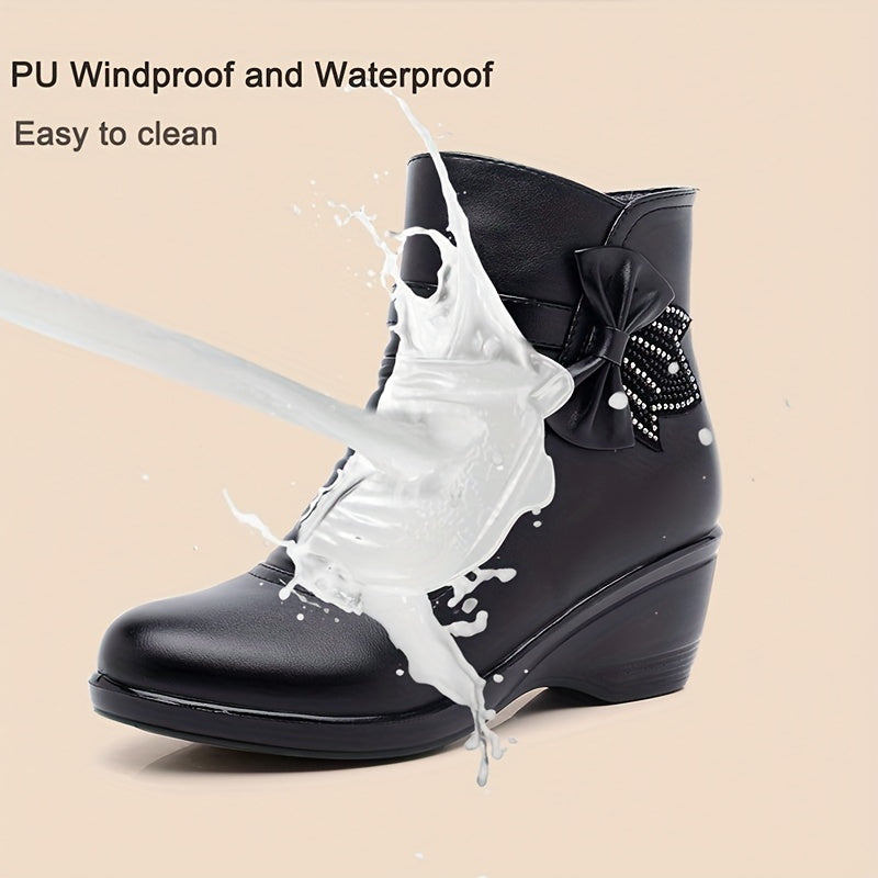 Women's Winter Ankle Boots with Wedge Heels, Wide Width, Bow Detail, Rhinestone Zipper, Waterproof, and Soft lining.