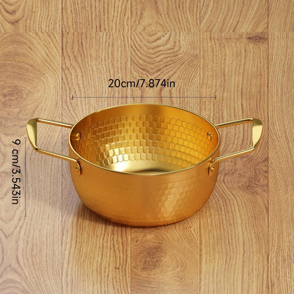 A stainless steel soup pot with two handles for home use, perfect for cooking instant noodles and boiling milk on a gas stove, in a shiny silver color.