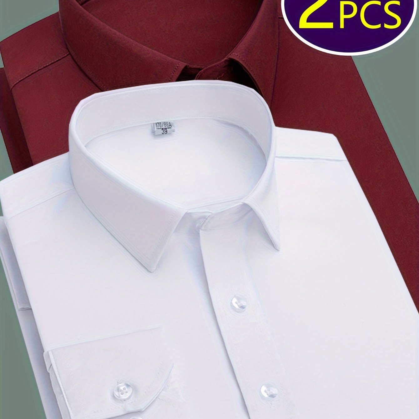 2 Men's work style polyester dress shirts in solid colors, regular fit with button details and lapel collar.