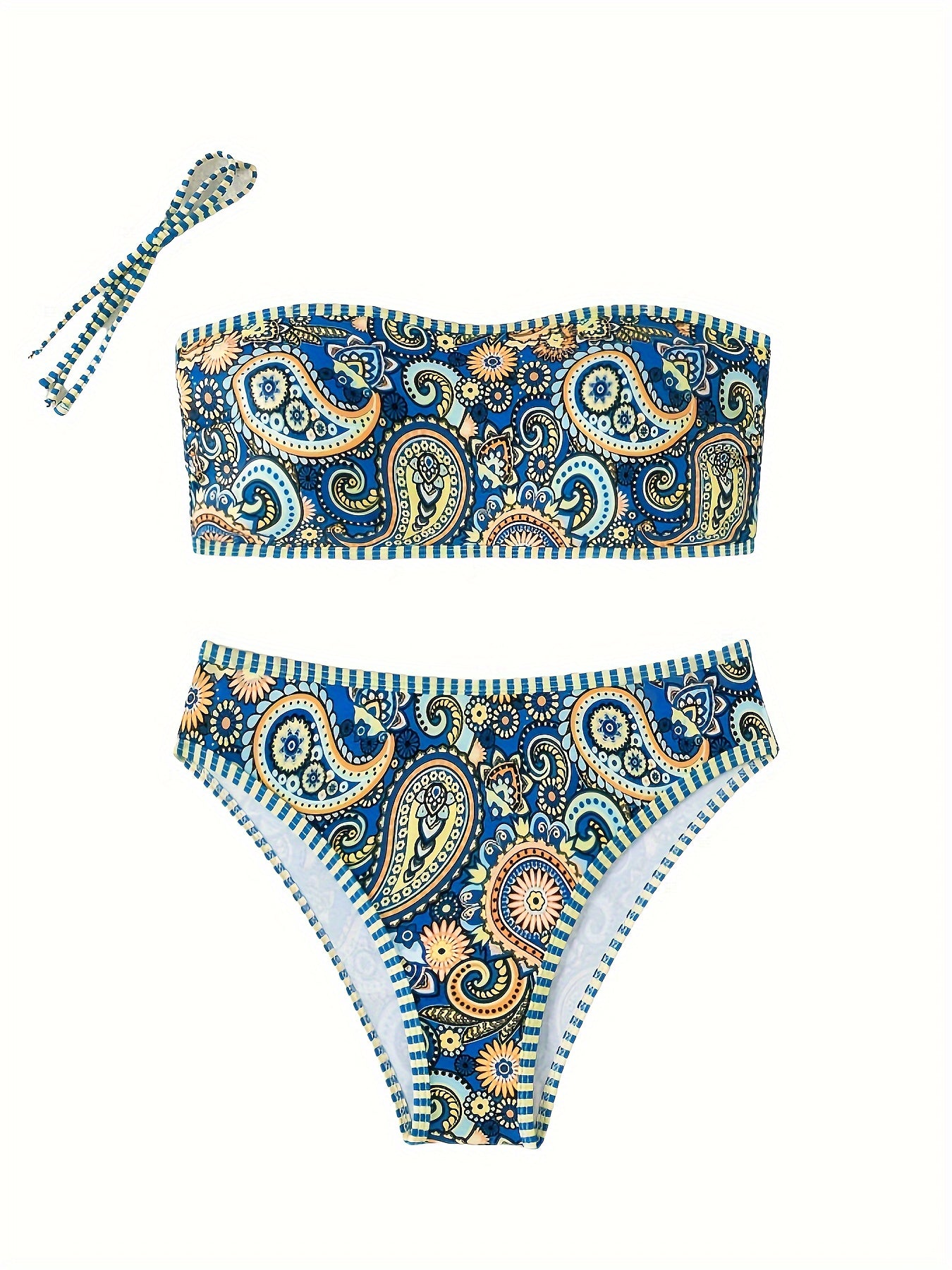 Women's bikini set with stretchy polyester fabric, conventional bottom, knotted detail, and random print design for swimming.