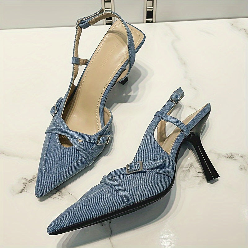 Blue cross strap women's high heel fashion sandals with pointed toe and hollow head.