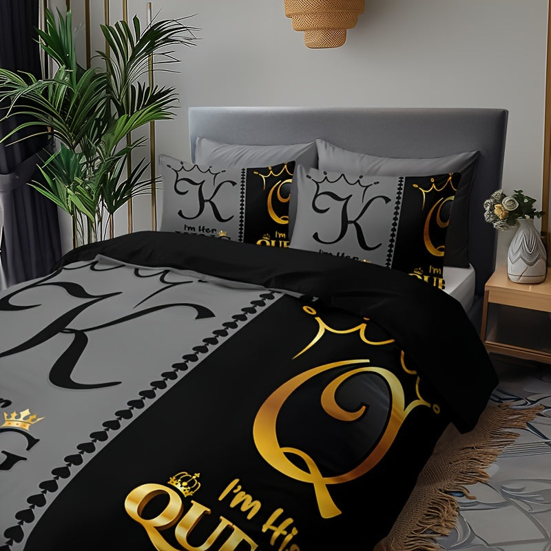 3-piece polyester bedding set with digital print featuring king and queen crown motifs. Includes 1 comforter cover and 2 pillow shams. Machine washable with breathable fabric for all-season comfort. Makes a cozy bedroom accessory and perfect Christmas