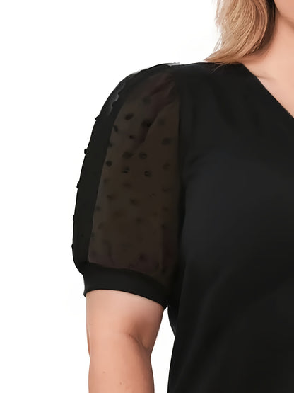 Plus size V-neck T-shirt with lace detail, made of breathable mesh fabric. Machine washable. Casual, short sleeve style for women's fashion.