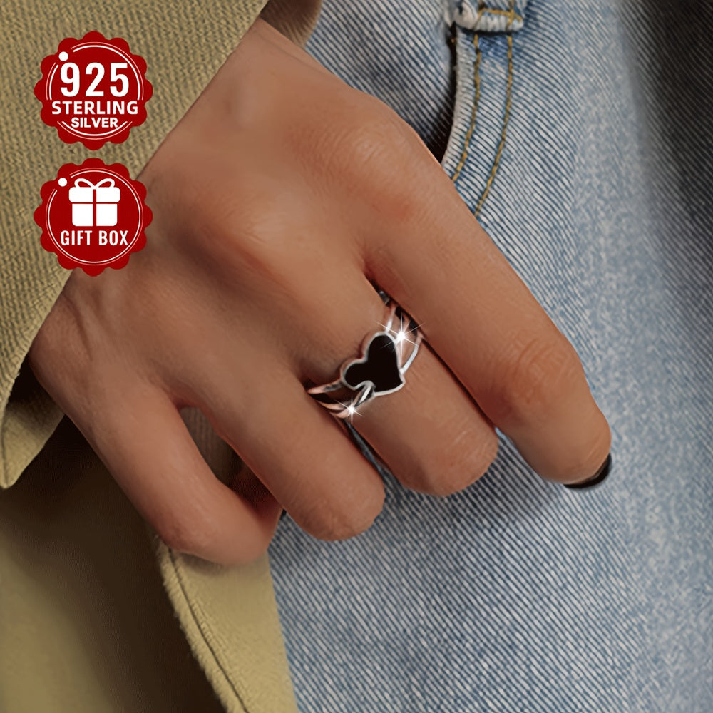 925 Sterling Silver Open Ring with Black Heart Design, a Symbol of Dangerous Love, perfect for both Men and Women. This high-quality adjustable ring is a statement piece that embodies the essence of risky love.