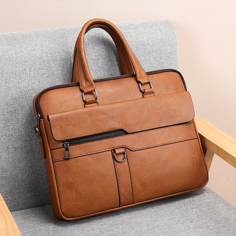 Vintage style coffee briefcase for men with adjustable strap, perfect for daily commute.