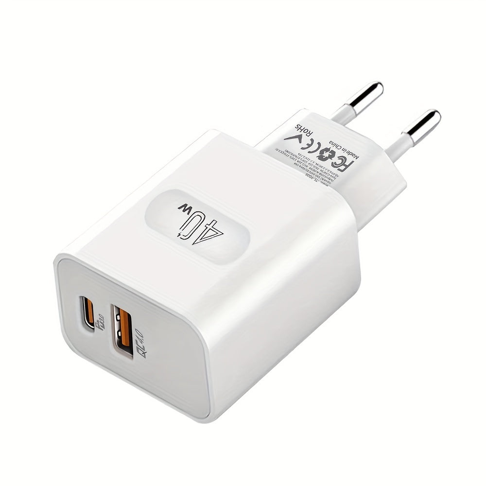 GEUMXL 40W Dual Port USB-C Wall Charger with PD 3.0 & QC 4.0 for fast charging of various devices, compatible with iPhone, iPad, AirPods, Samsung, Xiaomi, Oppo, Vivo. European Plug included.