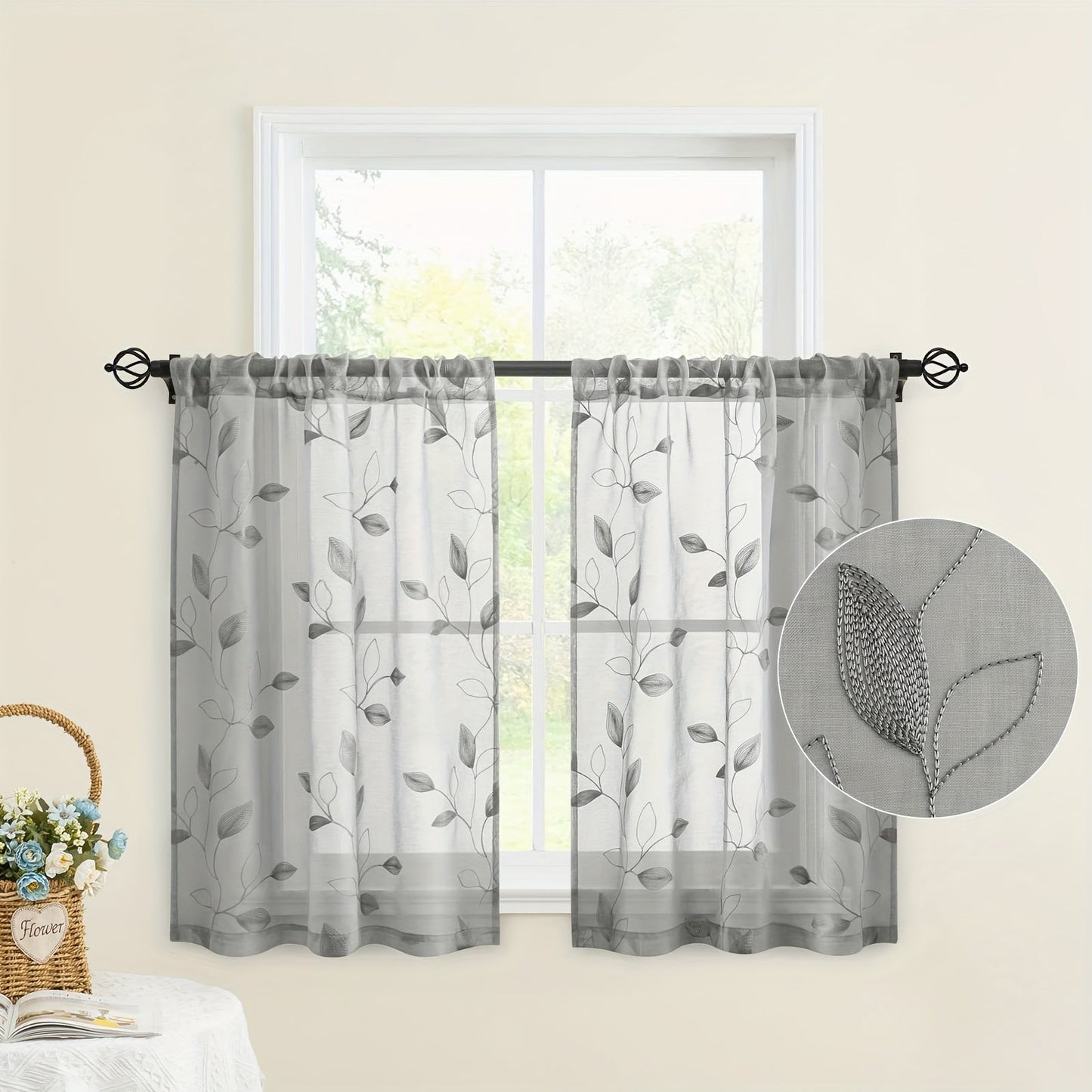 Two pieces of garden-style sheer curtains with an embroidered leaf pattern, featuring a rod pocket design. Made of polyester, these drapes are perfect for bedrooms, living rooms, and kitchens. They are machine washable and suitable for all seasons