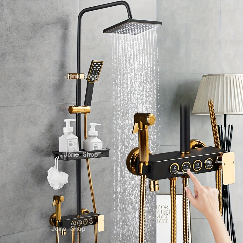 Modern black and gold bathroom shower system with rain showerhead, handheld, tub faucet, and hot/cold water mixer. Made of luxurious brass.