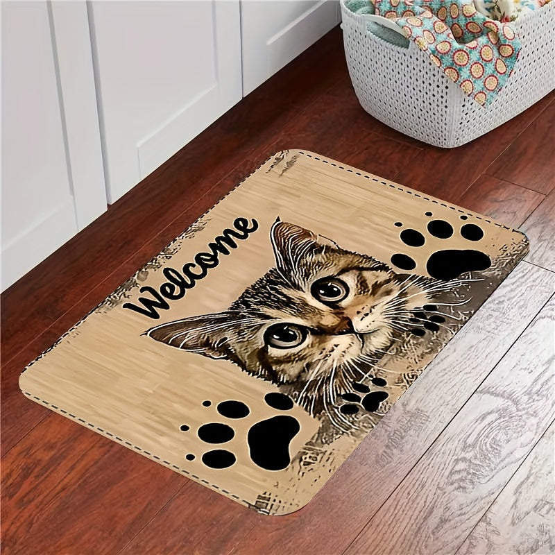 Charming Cat Design Welcome Mat - Durable, Grip-Enhancing, Easy-Clean Polyester Rug for Living Room, Bedroom, or Game Area