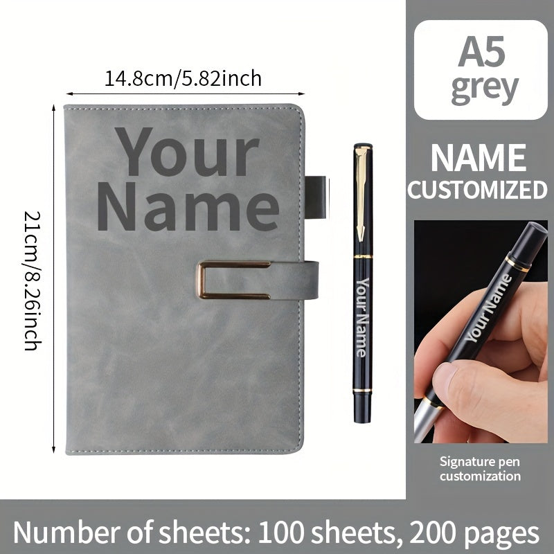 Personalized A5 notebook with custom engraved pen, minimalist textured design with plain pages for notes, journaling, and meetings. Includes custom name, phone, and logo. Features retro