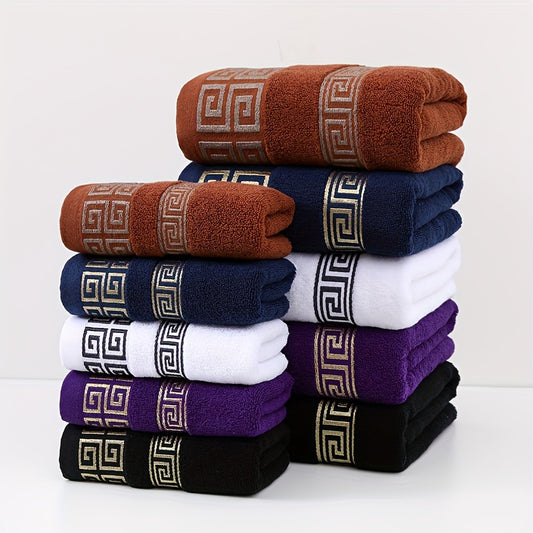 Highly absorbent 4-piece luxury bath towel set with geometric embroidery. Made from soft cotton, 400GSM. Perfect for use at home, in the kitchen, or while traveling. Ideal gift for family and friends. No shedding or fading.