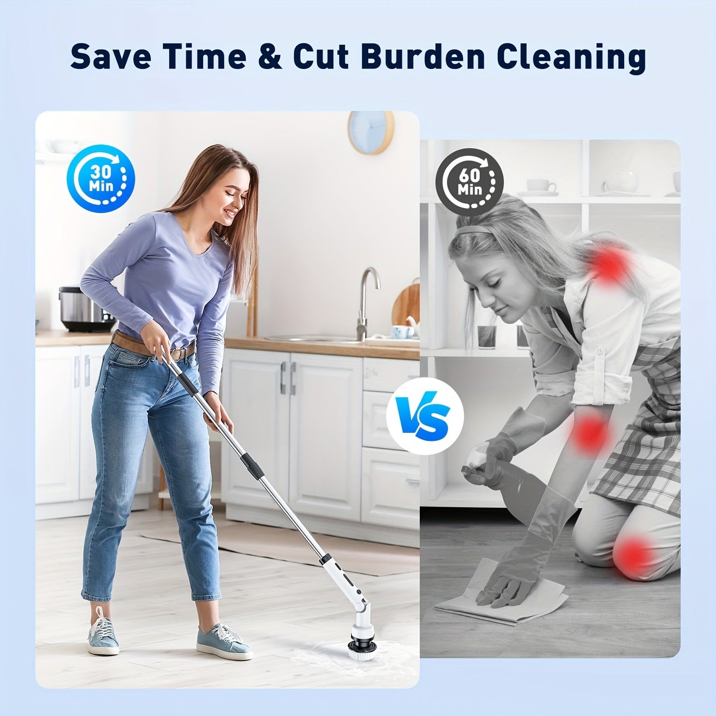 IAGREEA Electric Spin Scrubber features 9 brush heads, a flexible extendable handle, and USB charging for cordless cleaning of bathrooms, kitchens, and floors. With medium firmness and a rechargeable lithium battery, this multipurpose home cleaning tool