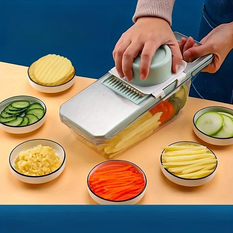 A set of 7 stainless steel tools that can slice and grate vegetables, with interchangeable blades. This manual kitchen gadget is perfect for preparing potatoes, carrots, and cucumbers.