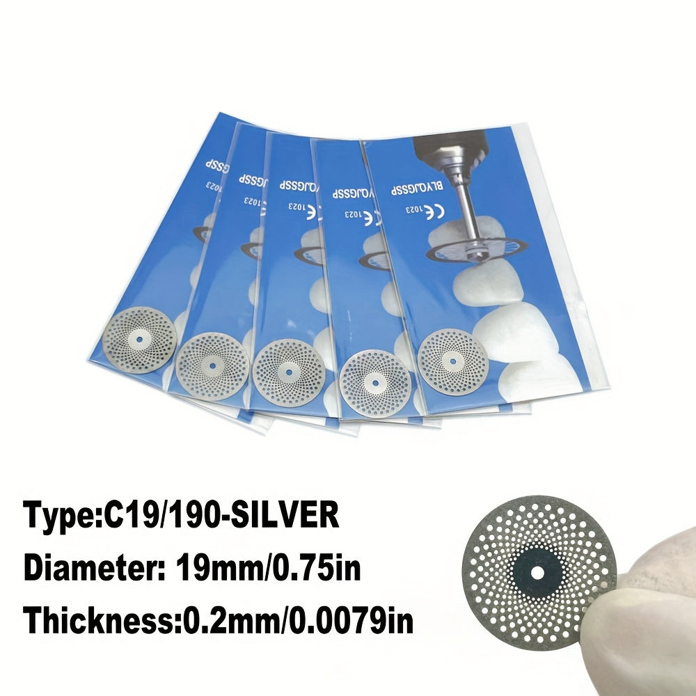 Five dual-sided diamond cutting discs for dental labs, in silver or golden, for high precision grinding and polishing.