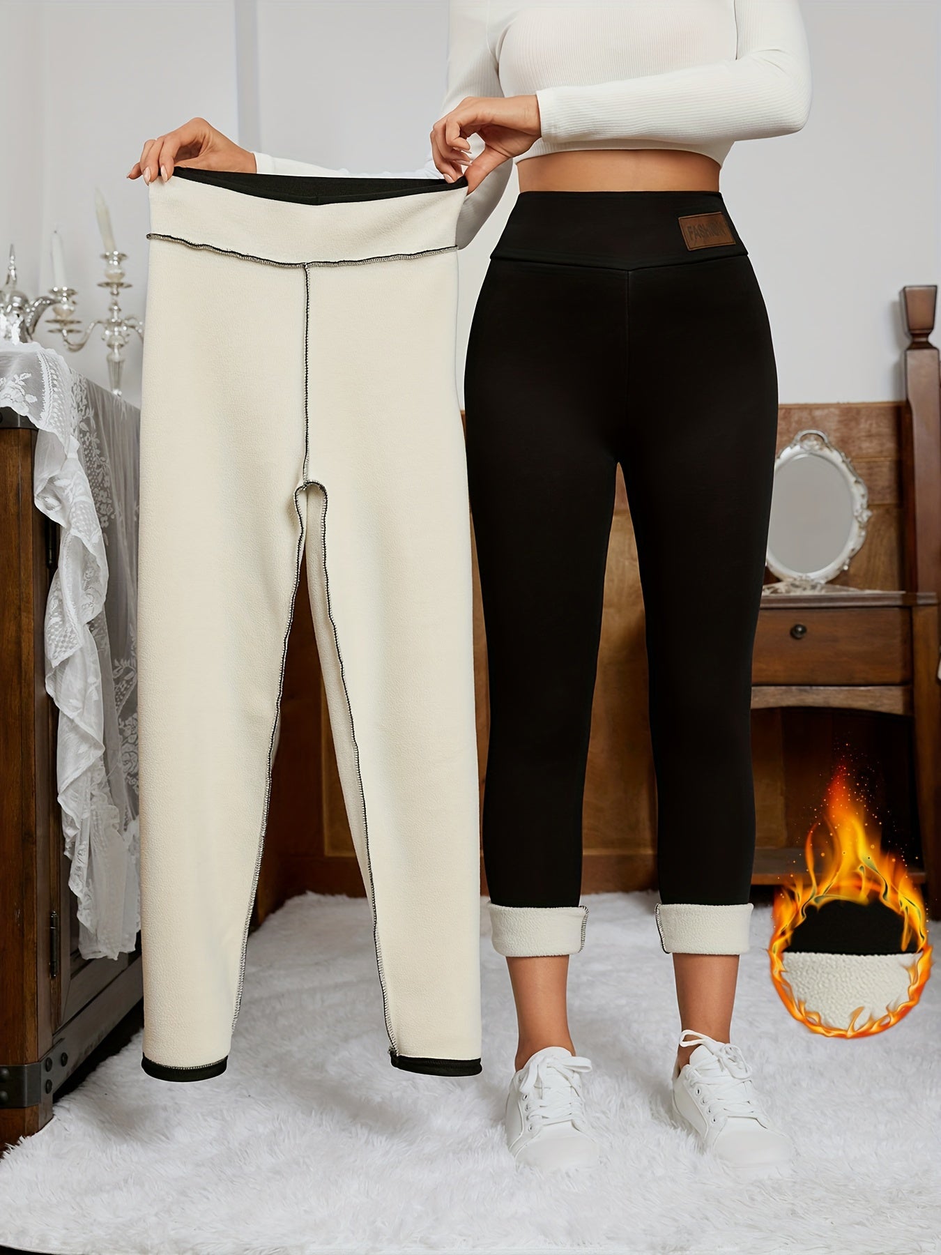 Women's fleece-lined leggings with letter design in white and blue gradient. Cozy thermal wear for fall and winter.