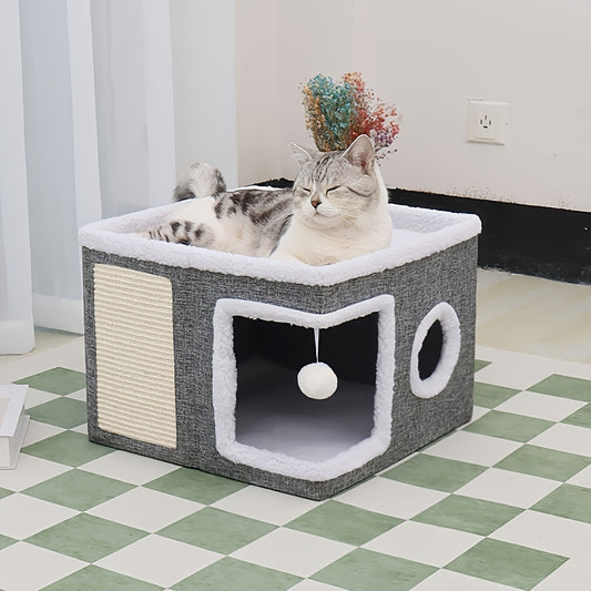 A versatile double-layer cat bed for indoor cats in gray color, featuring a cat cave, small dog tent, foldable sofa, scratching board, and mat suitable for all seasons.