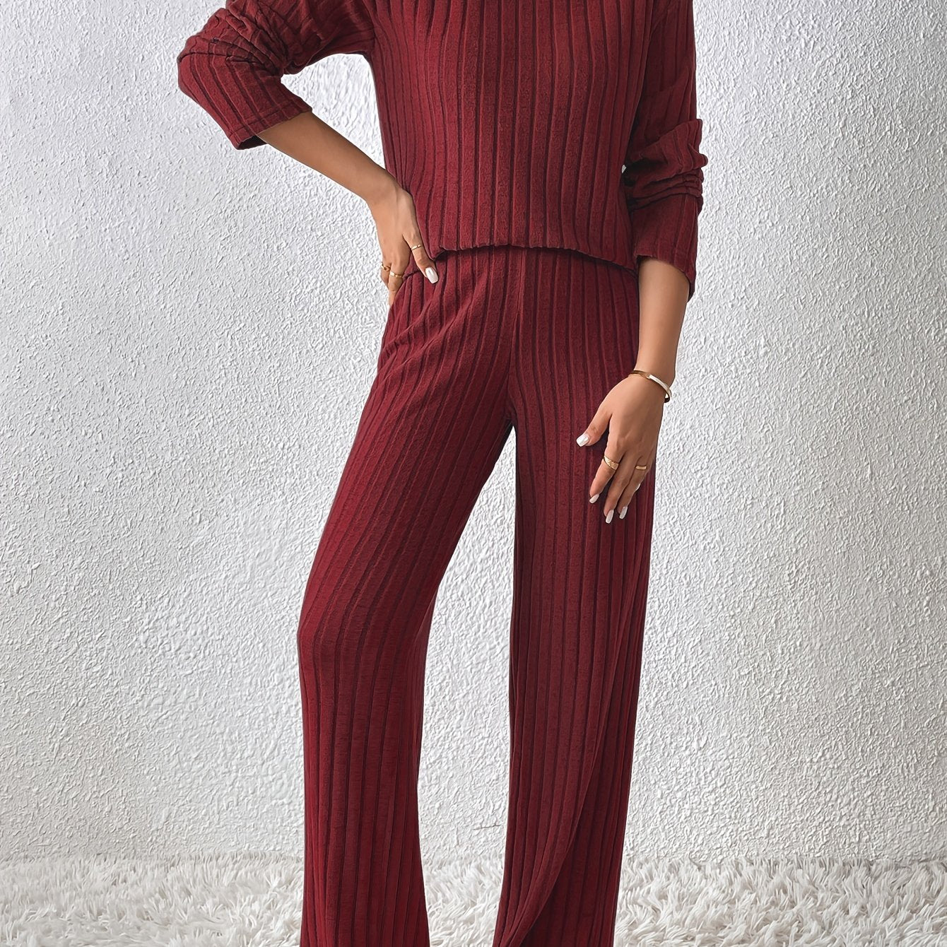 Winter Women's Casual Suit with Fur and Ribbed High Collar, Long Sleeve Top, and Straight Loose Pants Set