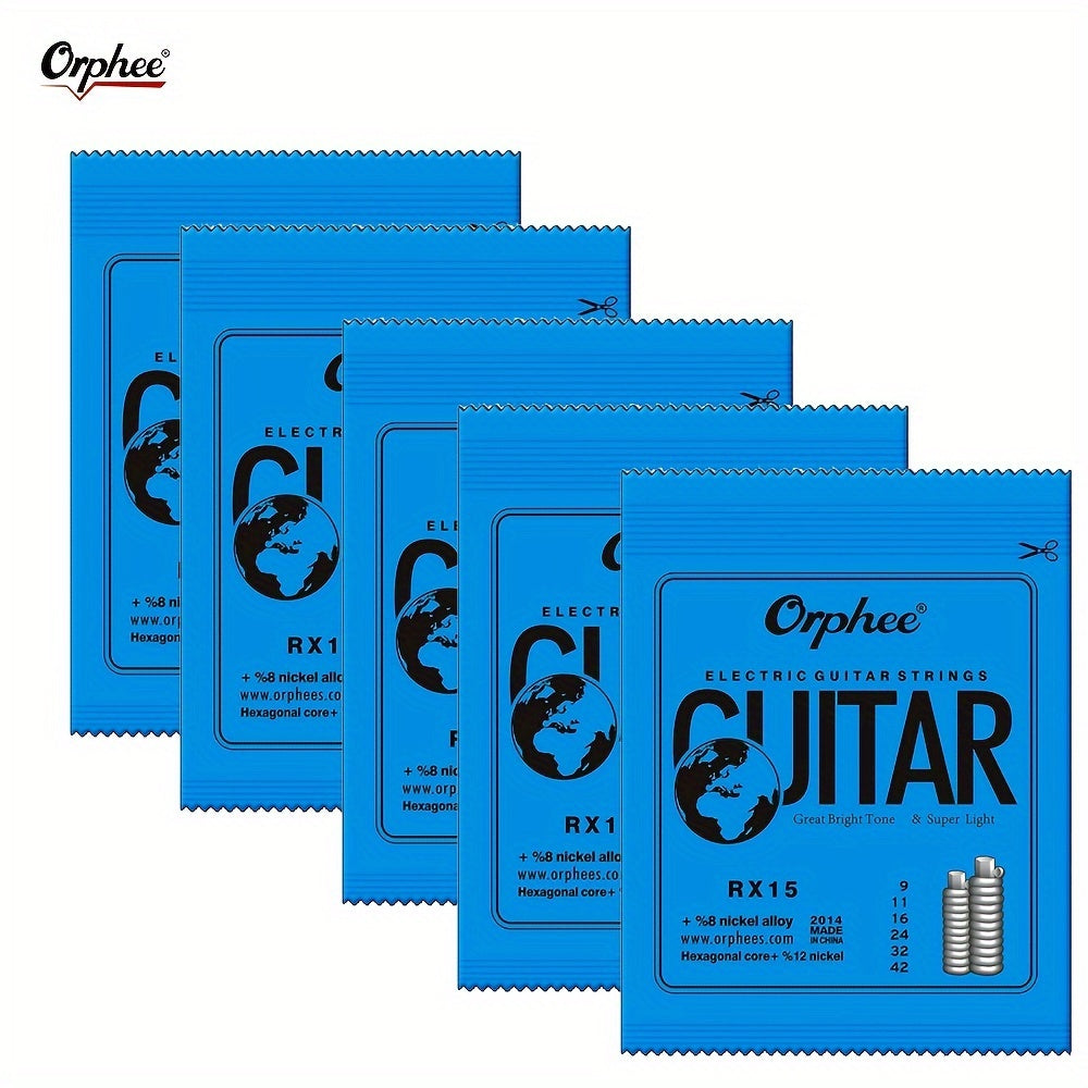 5 sets of 6 thick and thin electric guitar strings (0.23-1.27mm), RX Practice Series, made of hexagonal carbon steel for 6-string guitars.