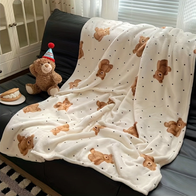 Soft fleece throw blanket featuring a cute bear and puppy print. Made with ultra-soft digital print polyester that is suitable for all seasons. Lightweight and machine washable, perfect for use on the sofa, bed, or for an office nap. Contemporary style