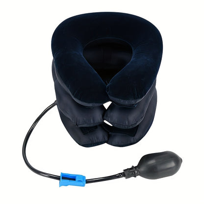 Thick/thin inflatable neck pillow for travel and relaxation with stretch and traction capabilities.