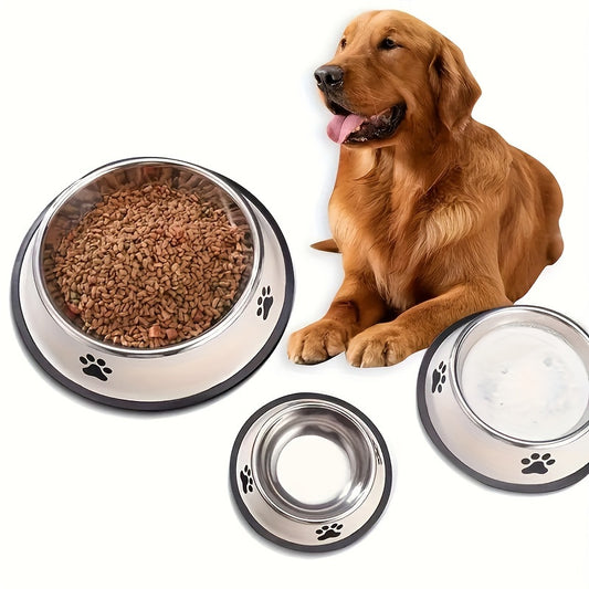 High-quality stainless steel pet bowl with non-slip base, easy to clean, ideal for dog and cat food or water, offered in three sizes.