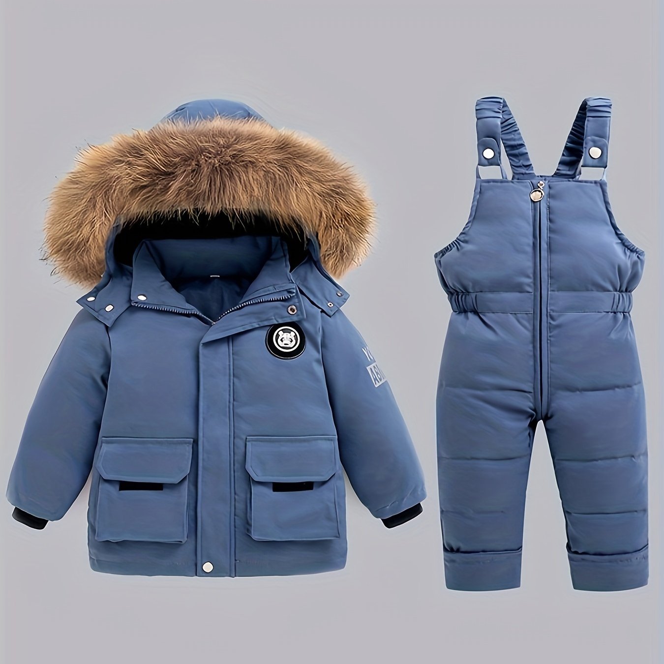 Kids' Winter Warmth Set: Hooded Jacket & Overalls - Cozy Polyester, Zip-Up, Non-Stretch, Letter Print, Long Sleeve, Regular Fit for Boys & Girls - Ideal for Skiing & Outdoor Play