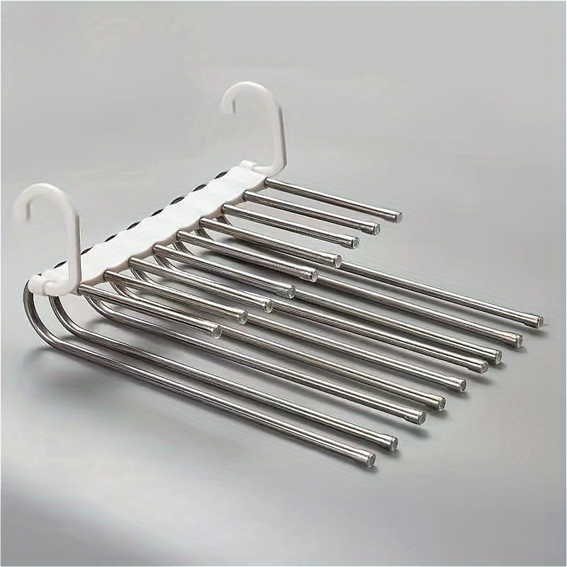 This multi-functional trouser hanger is made of stainless steel and can fold for convenient storage. It features multiple layers for organizing trousers and is a seamless addition to any wardrobe for efficient storage.