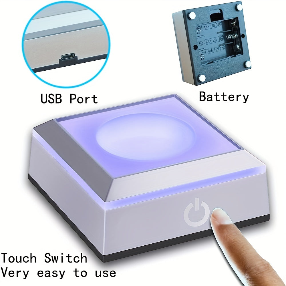 USB rechargeable LED light base for 3D crystals, touch-sensitive color-changing display, compatible with glass, acrylic, and translucent materials, includes power cable. 6.81x6.81x2.87 cm.