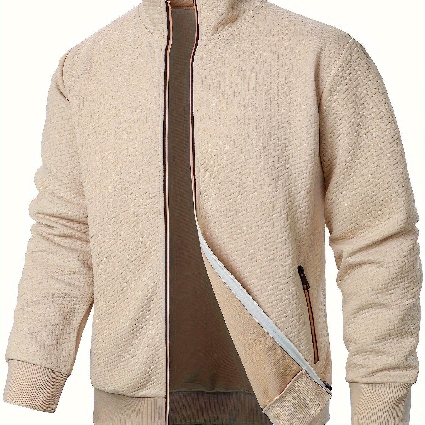 Men's Casual Zip Up Jacquard Jacket with Stand Collar and Hoodie, suitable for Spring, Fall, and Winter.