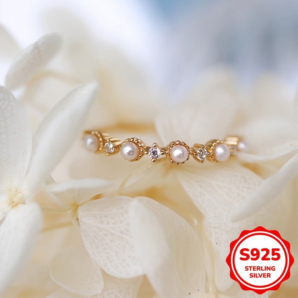 Elegant Gift for Women: 1.6G S925 Sterling Silver Minimalist Ring with Natural Pearl and Small Zirconia on a Gold-Plated Band, Perfect for Valentine's Day or Birthday Party