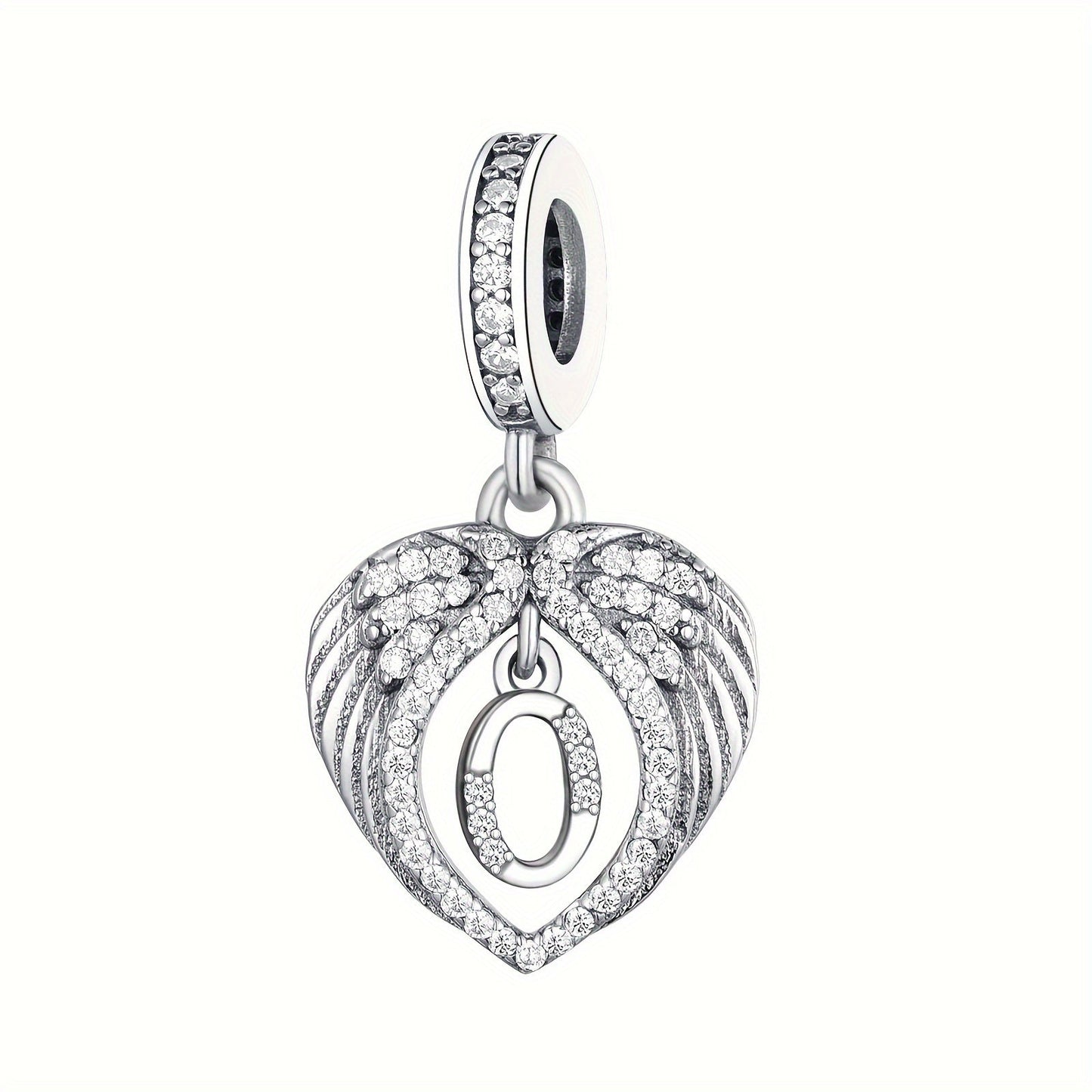 925 Sterling Silver Heart-shaped Wing Pendant with Synthetic Zircon Letter Pattern for DIY Jewelry Making, Perfect Gift Idea