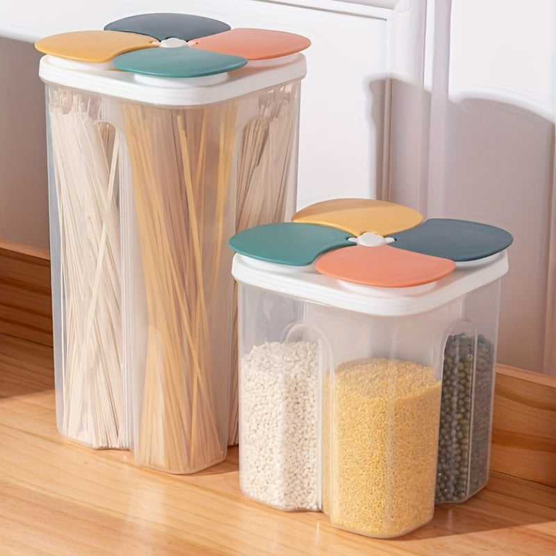 Food Storage Containers With Lids, set of 4 Contains 1 Piece. The clear airtight square containers are perfect for storing various foods such as cereal, rice, pasta, spices, tea, nuts, and beans. These moisture-proof transparent containers are sealed to