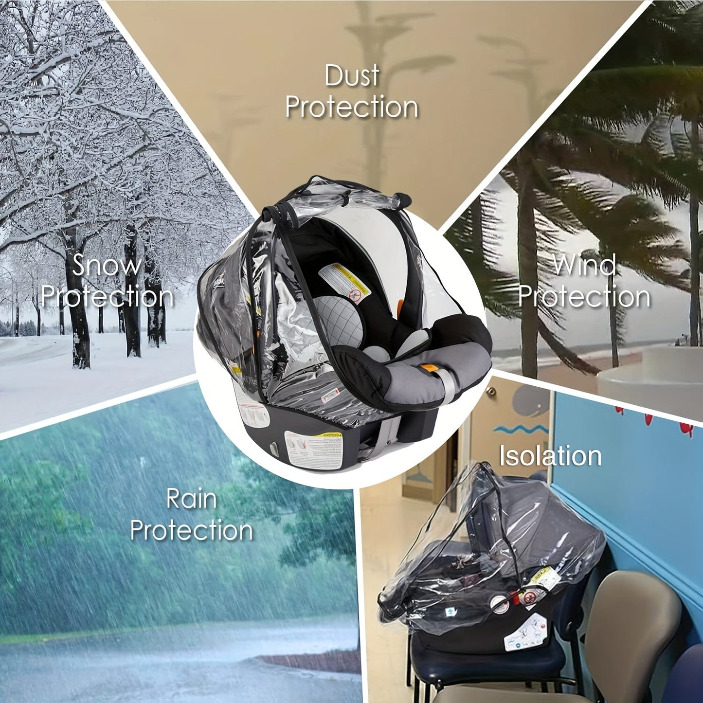 Protect your car seat from rain, dust, and snow with this universal car seat rain cover made of food-grade EVA material. The waterproof and windproof design features a quick-access zipper door and side ventilation for added convenience. This practical