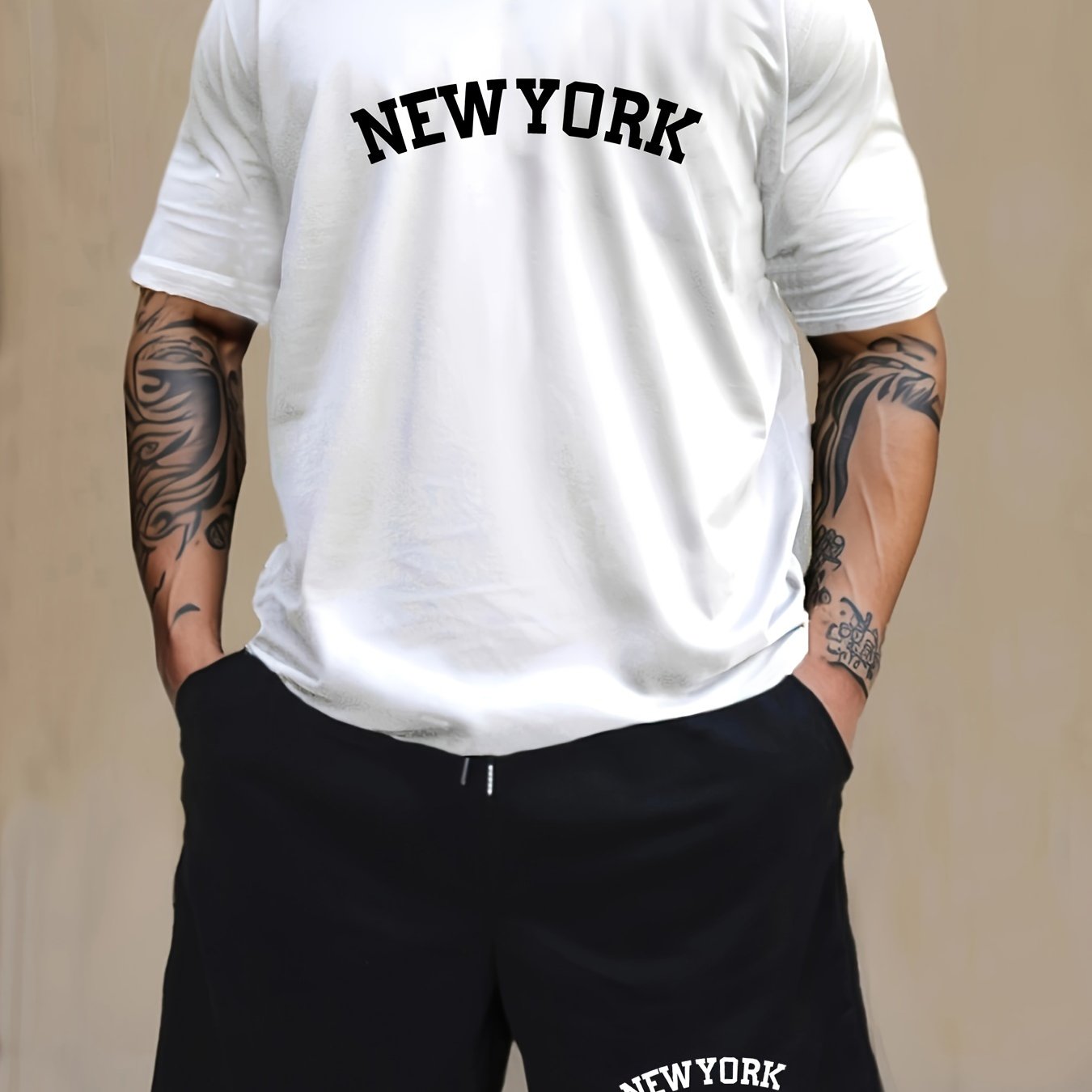 Men'S Casual 2-piece Pajama Set with NEW YORK Print, Short Sleeve T-Shirt, and Knee-Length Shorts made of Polyester & Spandex Blend, Medium Stretch, All-Season Comfort, Knit Fabric, with