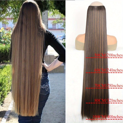 Synthetic Super Long 5 Clip In Hair Extension in Black/Brown/Blonde, extra-long straight hair, one-piece fake hairpiece for women. Available in lengths from 50cm to 100cm, ideal for daily