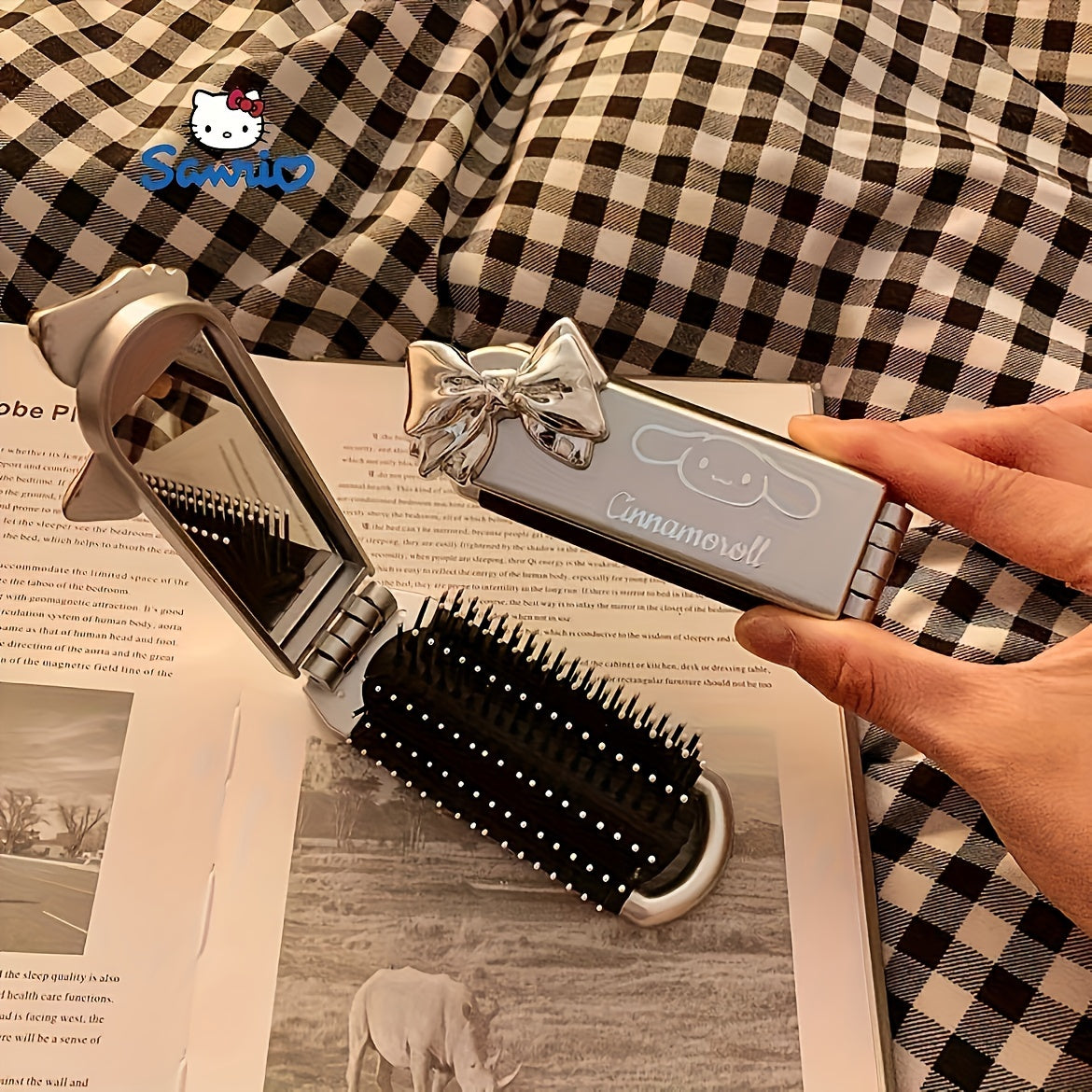 Portable, foldable dual-use comb and mirror featuring Hello Kitty design ideal for college girls, travelers, and back to school parties. Great holiday gift.