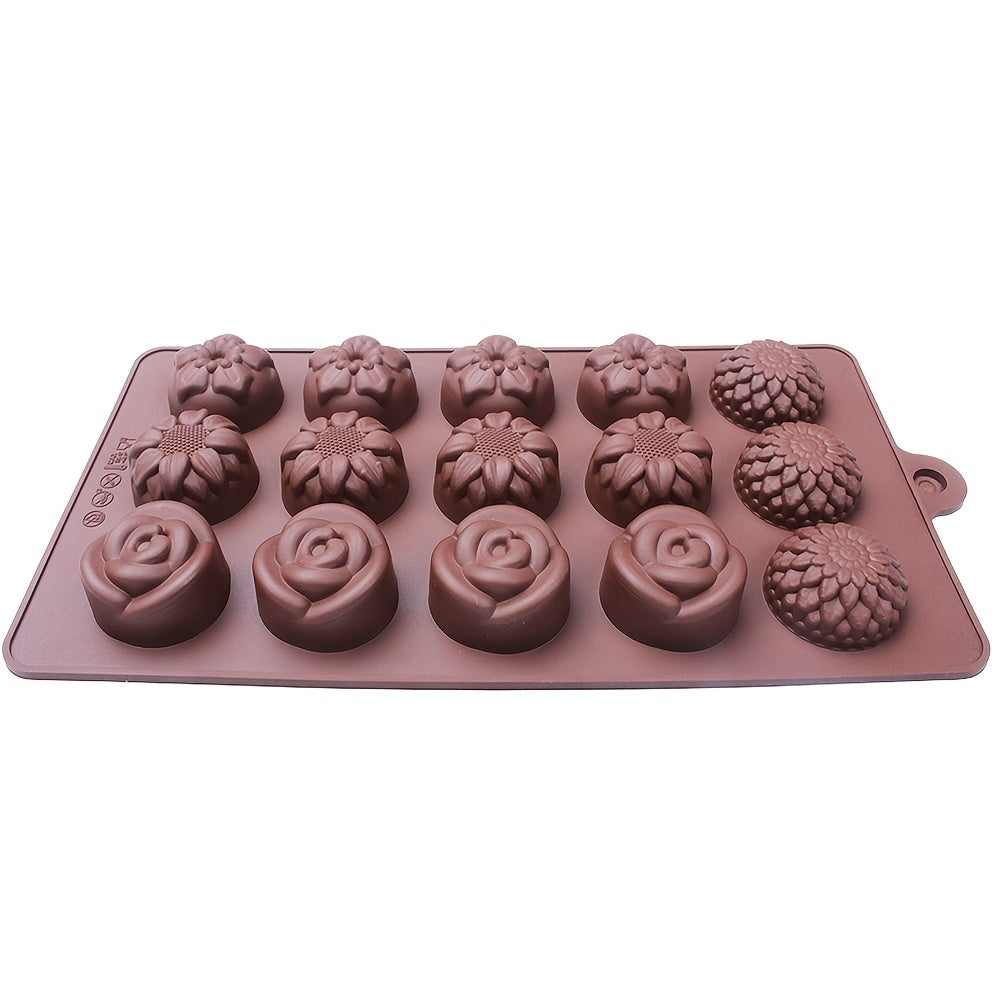 15 small flower-shaped chocolate silicone molds for DIY handmade soap, candy, jelly, mousse, and desserts. Includes 4 different kinds of flower shapes. Perfect for baking and crafting projects.