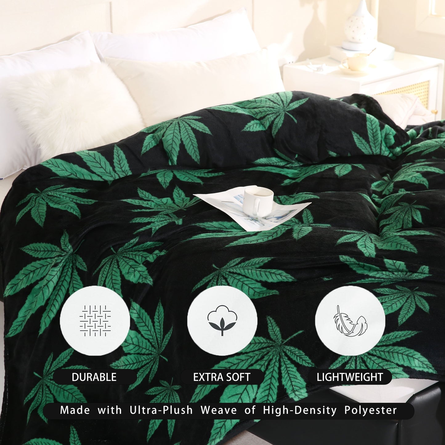 Country-rustic style flannel blanket featuring a marijuana leaf print. This soft and warm knitted throw is perfect for couches, sofas, offices, beds, camping, and travel. Made of 100% polyester, it is machine washable and suitable for all seasons.