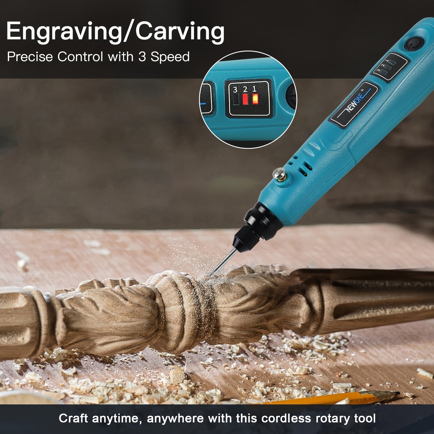 Compact cordless rotary tool with 3.6V and USB charging, includes 48 accessories for sanding, polishing, drilling, etching, engraving, and DIY crafts.