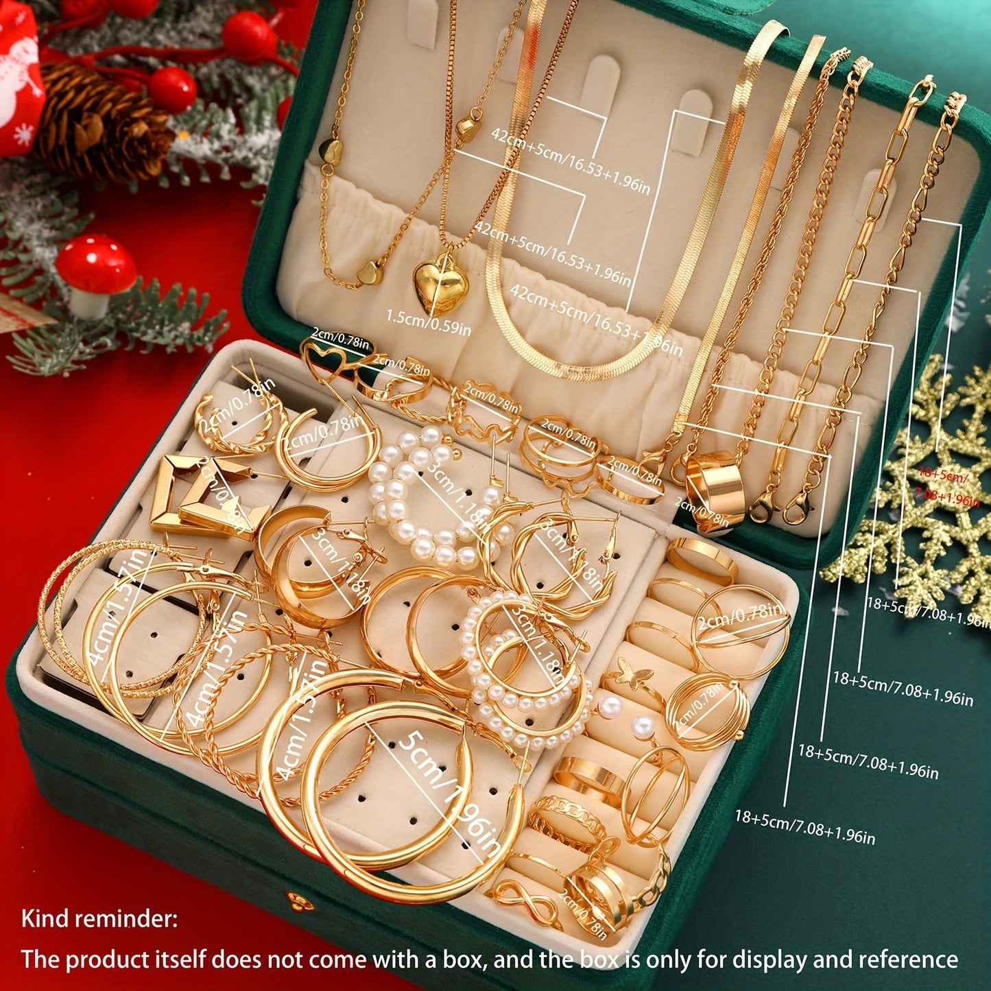 Luxurious 54-Piece Christmas Themed Jewelry Set - Made with High-Quality Zinc Alloy and Imitation Pearl Details, No Plating - Includes Fashionable Rings, Earrings, Heart Pendant Necklaces, and Bracelets for Women - Versatile Accessories Perfect for