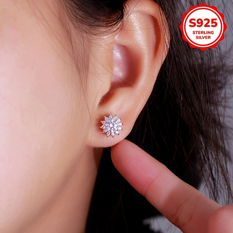 Beautiful 925 Sterling Silver Snowflake Stud Earrings, 2.76g Lightweight Hypoallergenic Sparkling White Cubic Zirconia, Romantic Design for Women - Ideal for Everyday, Valentine's Day & Wedding, 8mm Size, Gentle on the Skin