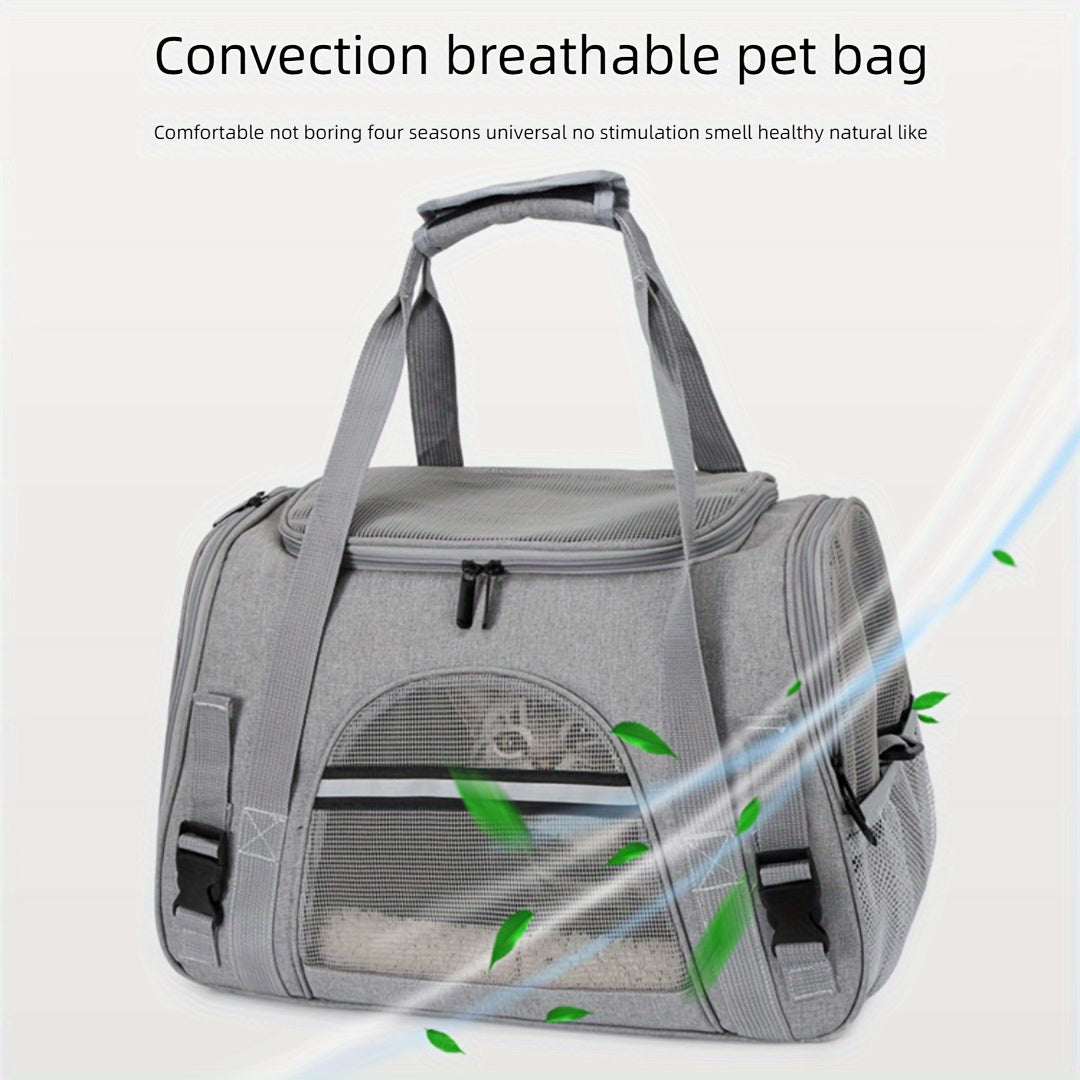 Portable pet bag with four-sided breathable design, includes fur mat, can be used on suitcase or as single shoulder pet bag. Collapsible and transparent, suitable for both cats and dogs.