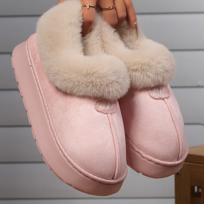 Women's preppy solid color slip on furry slippers with soft warm fleece, round toe, EVA sole, fabric upper and inner material, all-season casual wear.