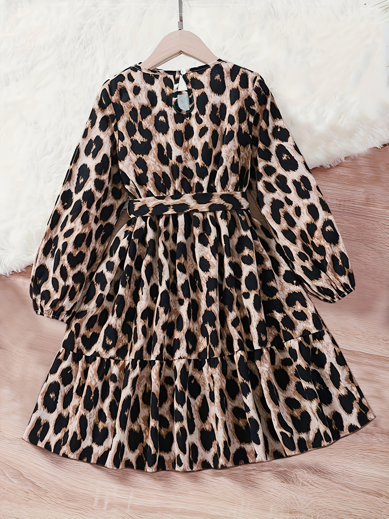 Girls Leopard Print Dress with Bow Belt, Ideal for Gift or Party