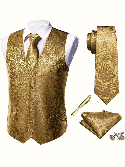 Royal golden floral jacquard V-neck vest suit set for plus size men, perfect for weddings.