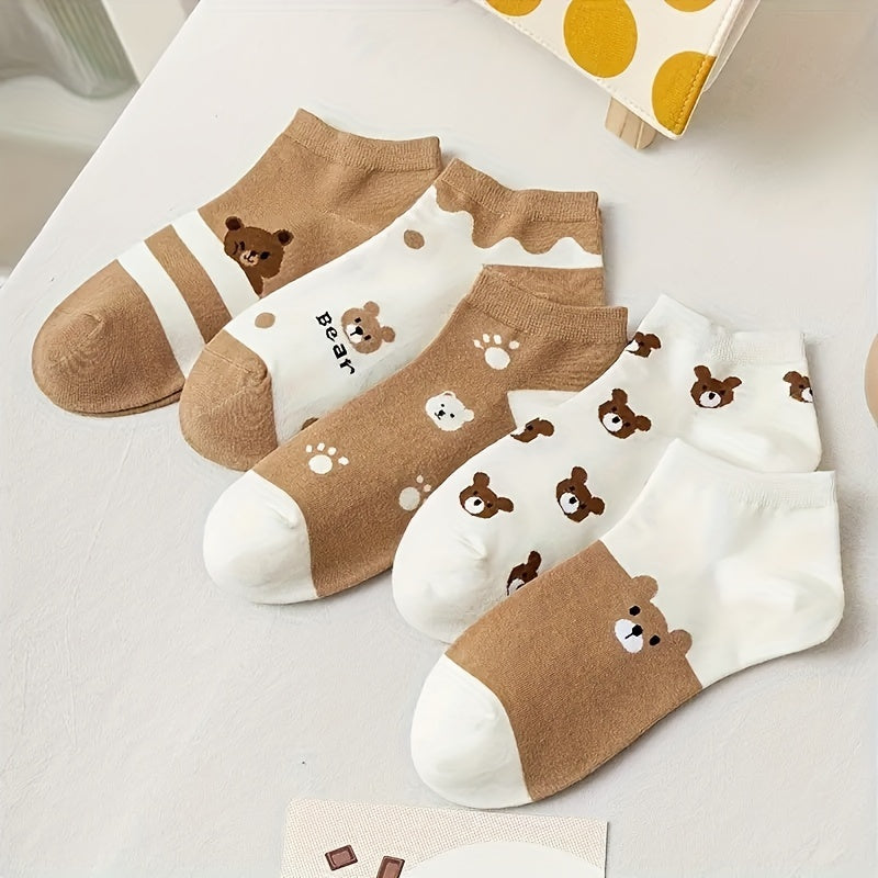 5 cute bear design ankle socks for women. Made of soft polyester and spandex blend, lightweight and cute for casual wear.