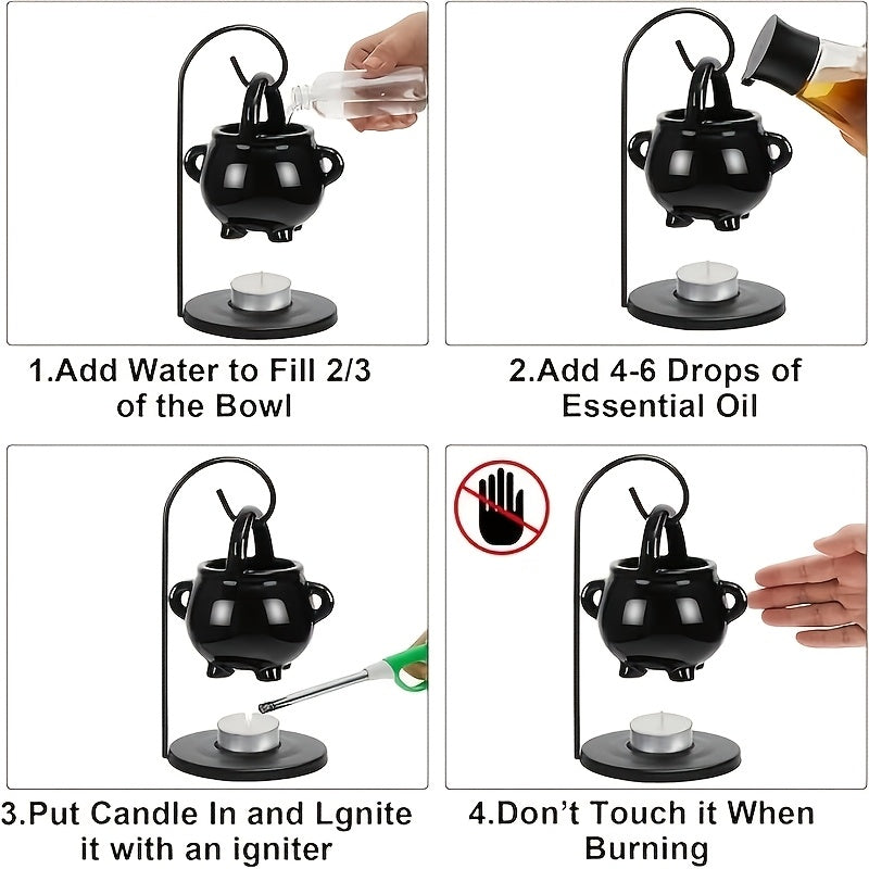 Black ceramic cauldron oil burner with iron holder, glossy finish, aroma diffuser and wax melt warmer, tealight candle holder for home decor. No incense needed.